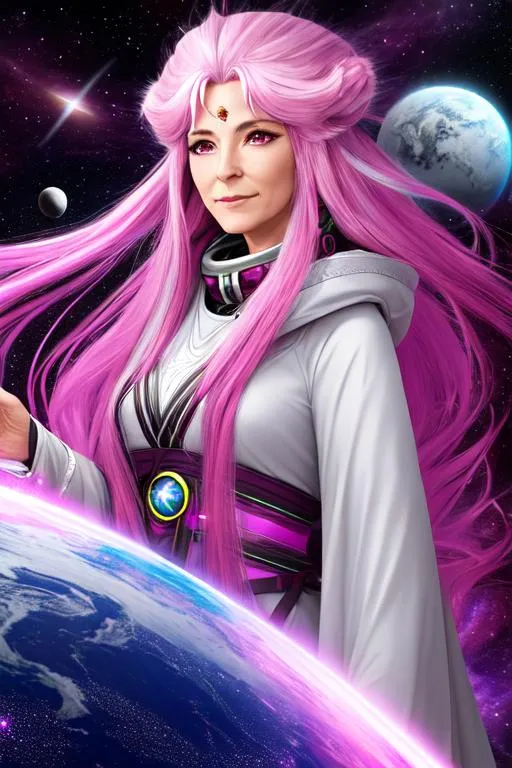 Prompt: old female space fantasy druid, long pink hair with white streaks, gray and magenta clothing, floating in space