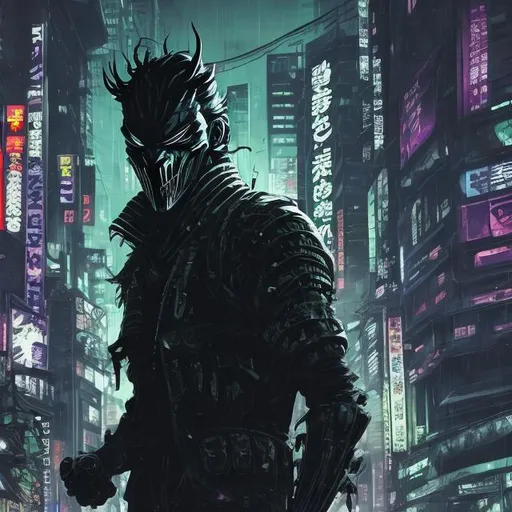 Prompt: Original villain.  Brawn devious. Very Dark image with lots of shadows. Background partially destroyed neo Tokyo. Noir anime. Gritty. Dirty. Black with neon forest green accents. armour. Creepy mask. Bionic enhancements. 