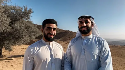 Prompt: Two Arab men holding one of each other hand up to sky standing on a hill, looking at the camera, drone shot, ultra-wide lens, full body, very beautiful, sun in the middle of sky