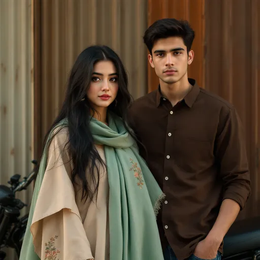 Prompt: A young woman with a delicate expression gazes at the camera, her long black hair partially concealed by a soft green scarf that drapes elegantly around her shoulders, complementing her light-colored outfit adorned with subtle embroidery. Beside her, a young man stands confidently with a serious demeanor, dressed in a brown button-up shirt and casual jeans, leaning against a dark motorcycle. The backdrop features a mix of vertical stripes in muted tones, suggesting an industrial or urban setting, with warm lighting enhancing the overall ambiance. The contrasting styles of the subjects evoke a narrative of youthful vibrancy and contemporary fashion, capturing a moment of camaraderie and stylish expression.