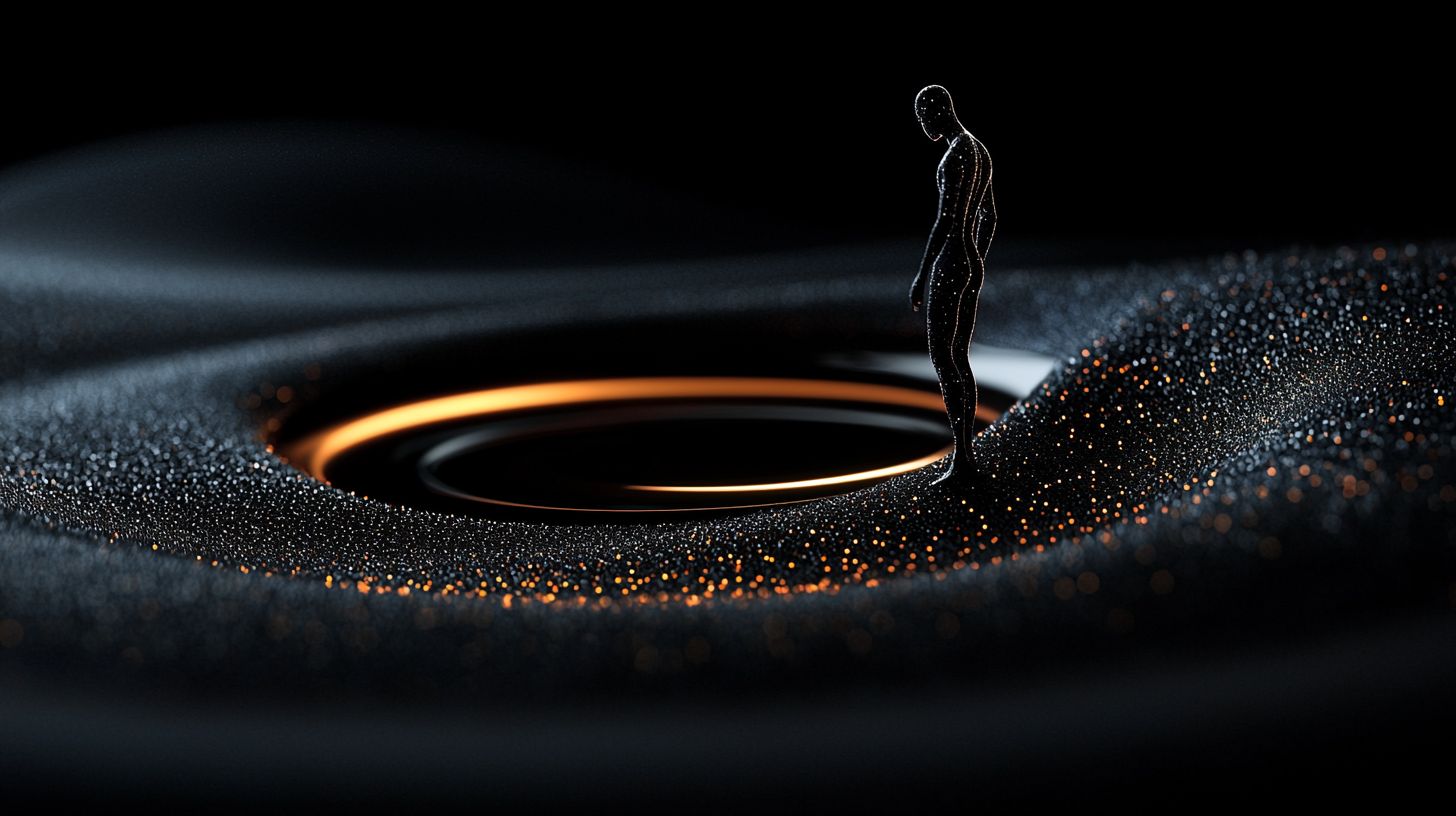 Prompt: vanta black figurine swirling into existence, captured in a macro photography style with extreme close-up detail and sharp focus on the figurine, set against a surreal background that seems to swirl around the figurine, in wide ratio