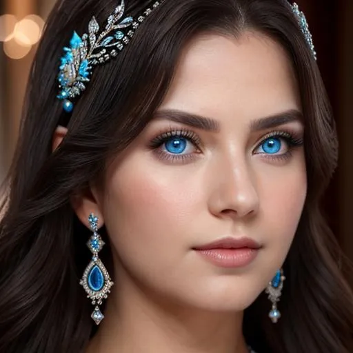 Prompt: a realistic feminine elegant princess ,  dark hair, large blue eyes, wearing jewls in her hair, facial closeup