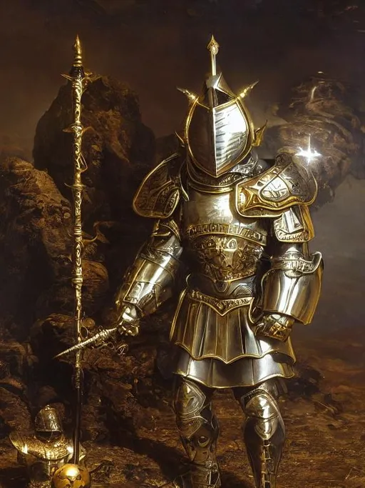 Prompt: a portrait of a man, silver crusader armor with gold lining, floating in space, holding a ball of electricity in his left hand, claymore in right hand, highly detailed, sitting on a pile of skulls
