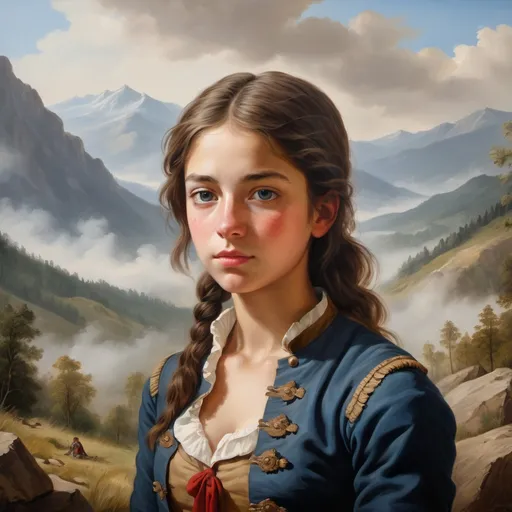 Prompt: Oil painting of a girl in the French and Indian War, clear sky and sunny atmosphere, 1700s, detailed mountains, historical, professional, highres, misty, oil painting, detailed gaze, 1700s setting, mysterious, mountainous landscape, atmospheric, historical art