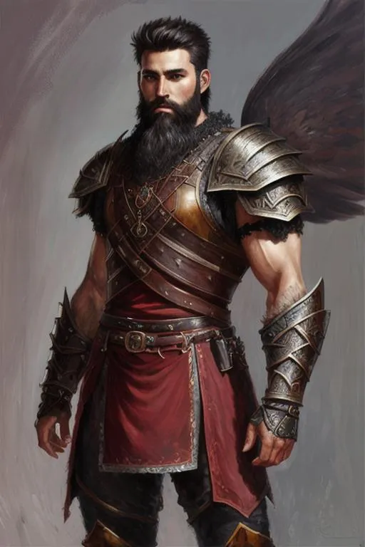 Prompt: oil painting, male warrior fantasy character, rugged looking, strong musculature, black, short hair and short beard, petal armor, crimson clothing. 
