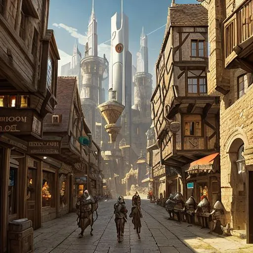 Prompt: medieval town mixed with sci-fi and futuristic architecture and robots, 2034