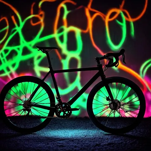 Prompt: A black bicycle with a bright glowing light