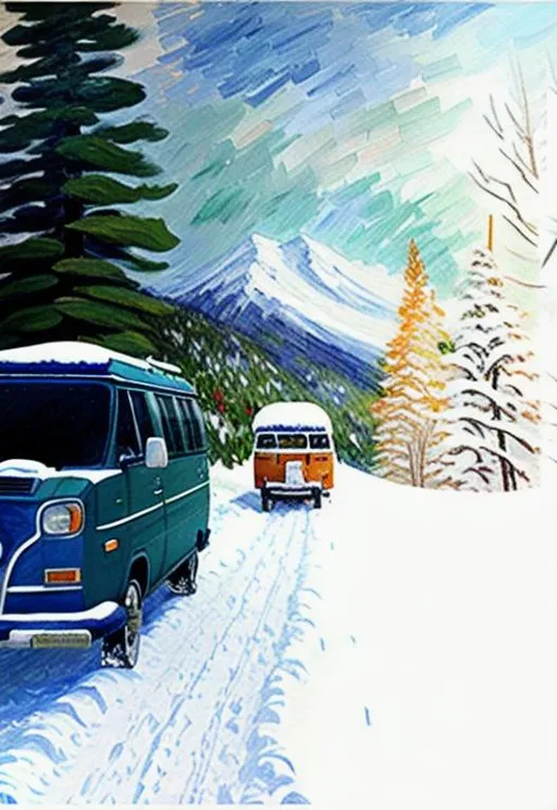 Prompt: A fine art painting of a camper van traveling down a snowy wooded road towards a large mountain vista seen in the background, inspired by Monet, impressionist painting, the camper van has a spare wheel on the back, there are snowboards strapped to the top of the van.