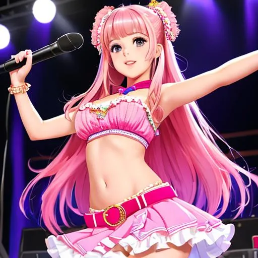 Prompt: Cute idol girl performing on stage, bare belly, frilly clothes, frilly skirt, long pink hair, outie navel, high quality midriff, high quality navel, very high quality, very detailed, trending on artstation, anime, belt, Full body character, UHD, 8K, masterpiece, high quality face, 