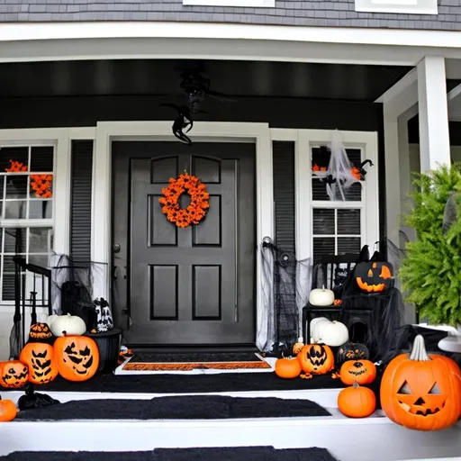 Prompt: Create a black and white themed porch with Halloween decorations 