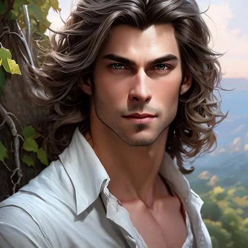 Prompt: Portrait of a {vampire}, perfect skin, male,  handsome face, fantasy, gray stormy eyes, brown extremely long feminine hair like tarzan, hair falling over his shoulders,  long intense lighting, detailed face,  intense mood, wearing a dress shirt, wine vineyards, by makoto shinkai, stanley artgerm lau, wlop, rossdraws, concept art, digital painting, looking into camera, sunset