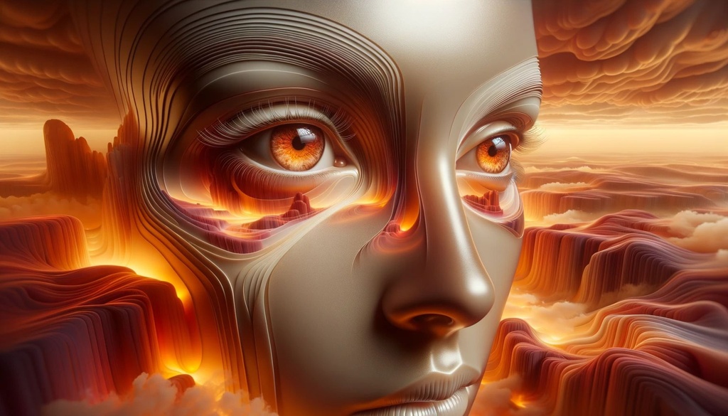 Prompt: A 3D rendering in wide format displaying a woman's head with detailed eyes. The atmosphere should evoke surreal landscapes, highlighted by rich orange and amber colors. The design quality should match that of a scientific illustration with a shiny surface.