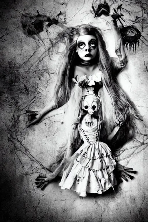 Prompt: Insane suffering Alice in Wonderland evil smiling dark realistic beautiful decay death corpse playful broken doll Tim Burton 