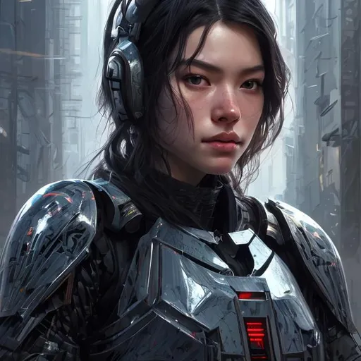 Prompt: full portrait of a tall and broad, pretty black-haired, near future infantry trooper, smooth soft skin, massive chest, beautiful intricate colored hair, symmetrical, soft lighting, detailed face, by makoto shinkai, stanley artgerm lau, wlop, concept art, digital painting, looking into camera, trending on artstation