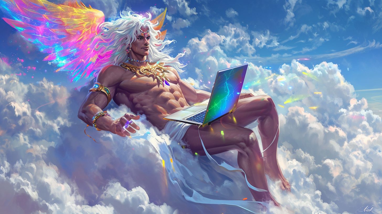 Prompt: a handsome young muscley golden godlike man with white flowing hair looking over his kingdom from ontop of his very rainbow colored very high tech PC laptop like a Laptop Lord --ar 16:9 --v 6.0