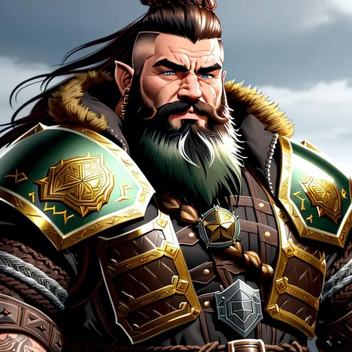 Prompt: concept portrait, cinematic shot,

a rugged male dwarf with tan skin and ultra detailed short brown mohawk hair, ultra detailed big braided beard with beard, dark eyes, big nose, 

world of warcraft armor, golden ultra detailed ornate thick heavy metal plate armor, big pauldrons,  with  ultra detailed dark green cloak, leather belts, axes and weapons behind back, 

dark smokey fire background ruins like league of legends shadow isles,

2D illustration, 2D character design, 2D flat color, 2D digital illustration, 2D vector illustration, contrast,

((sunshine, very strong sunlight on face, cinematic lighting, volumetric lighting, iridescent lighting reflection, reflection, beautiful shading, head light, back light, natural light, ray tracing, symmetrical)), (((masterpiece, professional, professional illustration,))),

UDR, HDR, 64k, beautiful, stunning, masterpiece artwork, masterpiece illustration,