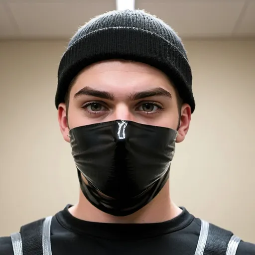 Prompt: Captured cody christian facing forward wearing black bodysuit, black beanie and duct tape mouth 
