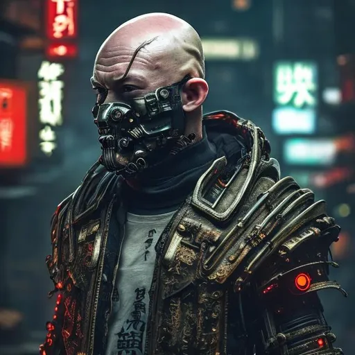Prompt: A bald man with a ginger beard. 30yrs old. English. Futuristic Shogun styled armour and mask. cyber enhancements. Scars. Roses, Ferns and mushrooms. Dark and edgy with neon accents. Cyberpunk style. Raw. Gritty. Dirty.