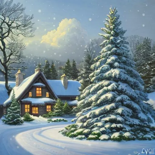 Prompt: A snowscape with evergreens and an english cottage