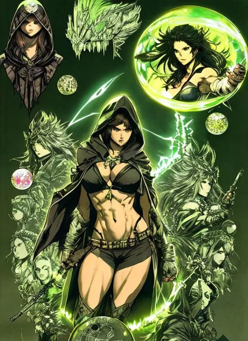 Prompt: {Concept sheet}(((Yoji Shinkawa))), sticker of ultra detailed portrait of she hulk as hooded fortune teller, holding large crystal ball, ((wearing a hood robe)), high quality cell shaded illustration in post apocalyptic style by Yoji Shinkawa, ((full body)), dynamic pose, perfect anatomy, centered, freedom, soul, black long hair, approach to perfection, cell, ((green skin color)), shading, 4k , has a large crystal ball, evil grin, beautiful, cinematic dramatic {Concept 
sheet} atmosphere, watercolor painting, global illumination, detailed and intricate environment, artstation, concept art, fluid and sharp focus, volumetric lighting, cinematic lighting, Art by Yoji Shinkawa,