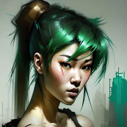 Prompt: Professional painting of a beautiful Asian cyberpunk woman with modern brown blonde green hairdo with bangs, by Jeremy Mann, Rutkowski, and other Artstation illustrators, intricate details, face, portrait, headshot, illustration, UHD, 4K