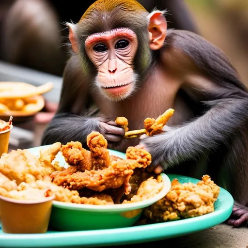 Prompt: monkey eating fried chicken
