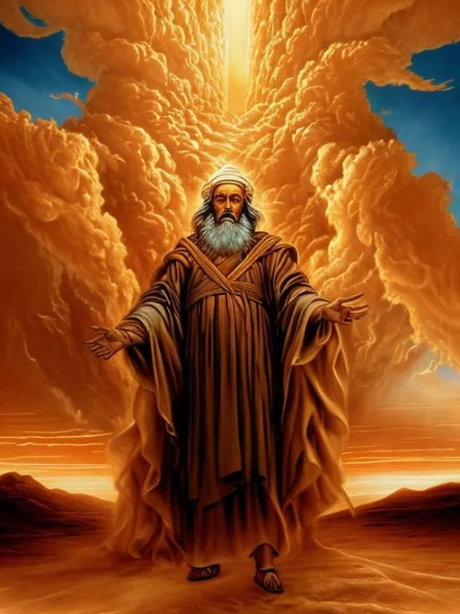 Prompt: Generate a stunning and ethereal artwork that captures the biblical scene of Moses being guided through the desert by towering pillars of clouds and flames. The artwork should convey a sense of divine guidance, awe, and wonder. 