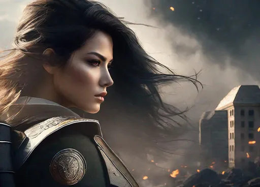 Prompt: Portrait, Back view of a beautiful soldier lady, heroic, epic, windy, battle outfit,  war elements, intimidating look, long hair, intense vibe,  high contrast shadow,  volumetric lighting, wind blows, debris flying, smokes and ashes, city ruins