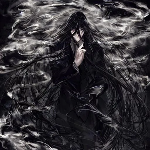 Prompt: man with long black hair vanishing in smoke. dark theme