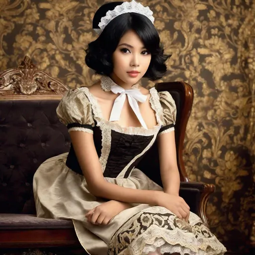 Prompt: RAw photo, pretty young Indonesian maid, 25 year old, (round face, high cheekbones, almond-shaped brown eyes, epicanthic fold, small delicate nose, luscious lips, short bob black hair), (saucy maid costume), perfect hourglass figure, thigh-highs, bending over, dusting, background ornate drawing room, masterpiece, intricate detail, best quality, expressive eyes, perfect face, photorealism, award–winning photograph, shot on a Fujifilm XT3 