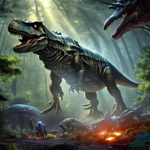 Prompt: A space ship taking off during the time of the dinosaurs, in a forest, sunlight through the trees, t-rex attacking the space ship