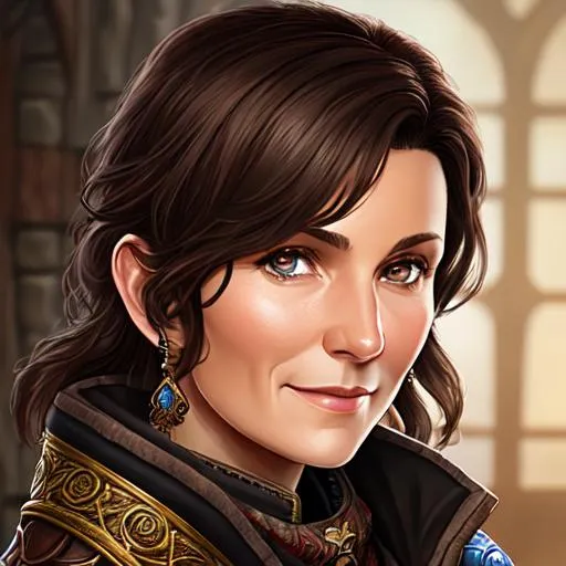 Prompt: Portrait of a 47-year old female baldur's gate player character with dark brown hair and dark brown eyes