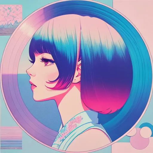 Prompt: looking through vinyl records, landscape view, music store, 1970's decor, anime, pale smooth skin, intricate details, aesthetically pleasing, pastel colors, art by conrad roset and ilya kuvshinov, japanese poster, music