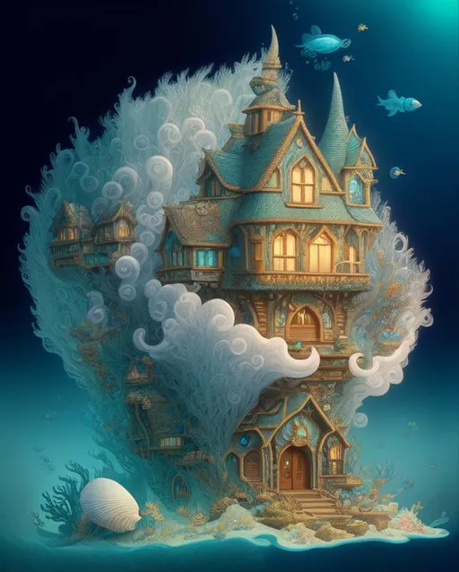 Prompt: a underwater house, made of a granulated seashell, intricate details, shimmer. art by James jean, Jacek yerka, Daniel Merriam, Dr Seuss, catherine abel.  Zbrush, vray tracing, chrome gradient colors. Highly detailed. Crispy quality.