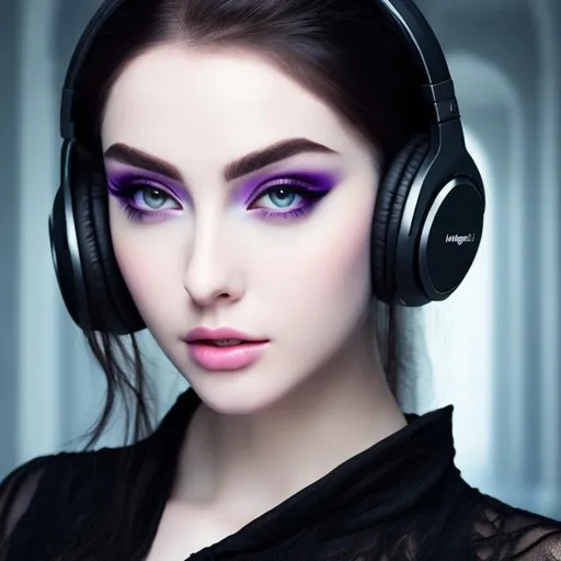 Prompt: High-resolution hyper-realistic portrait of a wicked dark wizard goth girl wearing headphones,{extremely COLOSALLY BREASTED}, pale skin, big dreamy eyes, 
