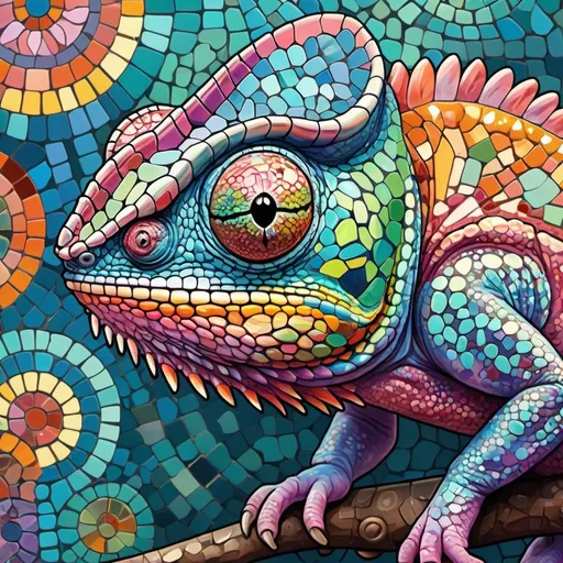 Prompt: a high quality digital illustration of a multi-colored chameleon blending into fantasy mosaics, pastel colors, vibrant, whimsical, detailed artwork, artistic rendering, front view, colorful scales, unique patterns, surreal, blending into the background, intricate designs, medium shot, imaginative, 4k quality, trending on art platforms.
