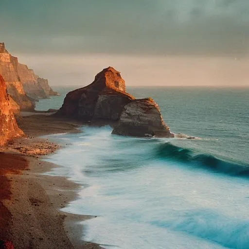 Prompt: Create a painting of a rugged coastline with steep cliffs, waves crashing against the base. In the foreground, depict two silhouetted figures - one looking out towards the sea and the other looking down. Use warm colors like orange, pink, and gold to paint the sky and hint at the setting sun. Capture the dramatic landscape and serious expressions to convey a sense of tension and unease.