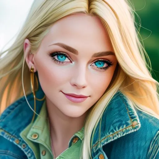 Prompt: cinematic portrait of dirty blonde gorgeous lady (symmetrical face, beautiful green eyes, divine look, smiling) wearing jean jacket, pov lens 200mm, 8k