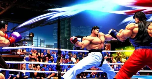 Prompt: Pro Wrestling World Street Fighter Tekken Virtua Fighter Slam Masters Tournament Fighters characters in amazing action; concept art; final render; hyper-realistic; 90s fighting game cover art; amazing composition