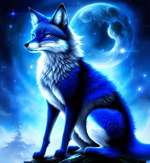 Prompt: painting of blue fox anthropomorph, full body, intricate and hyperdetailed by yoshitaka amano and Ekaterina Savic, fantasy art, celestial, ethereal, digital illustration, volumetric lighting, detailed face