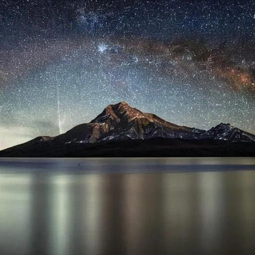 Prompt: a mountain standing tall over shimmering water on a starry night