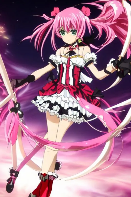 Prompt: anime, (masterpiece), best quality, expressive eyes, perfect face, full body, 1girl, pink haired fourteen years old girl, dressed in a frilly black and pink dress, wielding a black hunting bow, black and red chocker with a pink gem, short pink hair, pink eyes, short twintails, black hair ribbons, black stockings, red Mary Jean shoes, sad expression, tears,