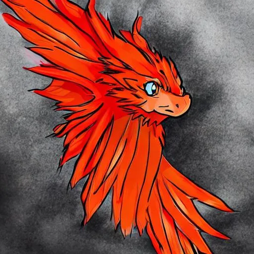 Prompt: Orange, red maned anime cute dragon with green eyes and red pupil with wings, horns in the shape of a V, feathery whiskers and a furry tail.