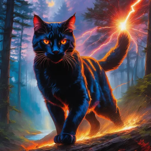 Prompt: young warrior cat with jet black fur and scarlet eyes, tom cat, apprentice, epic anime portrait, lightning element, crackling lightning, beautiful 8k eyes, fine oil painting, intense, wearing shiny bracelet, low angle view,  (unsheathed claws), visible claws, 64k, hyper detailed, expressive, intense, heroic, friendly, compassionate, brawny, thick billowing mane, fiery colors, psychedelic colors, lightning charged atmosphere, colorful stones, glistening black fur, prowling through a twilight forest,  golden ratio, precise, perfect proportions, vibrant, prowling by a sun-bathed river, hyper detailed, complementary colors, UHD, HDR, top quality artwork, beautiful detailed background, unreal 5, artstaion, deviantart, instagram, professional, masterpiece