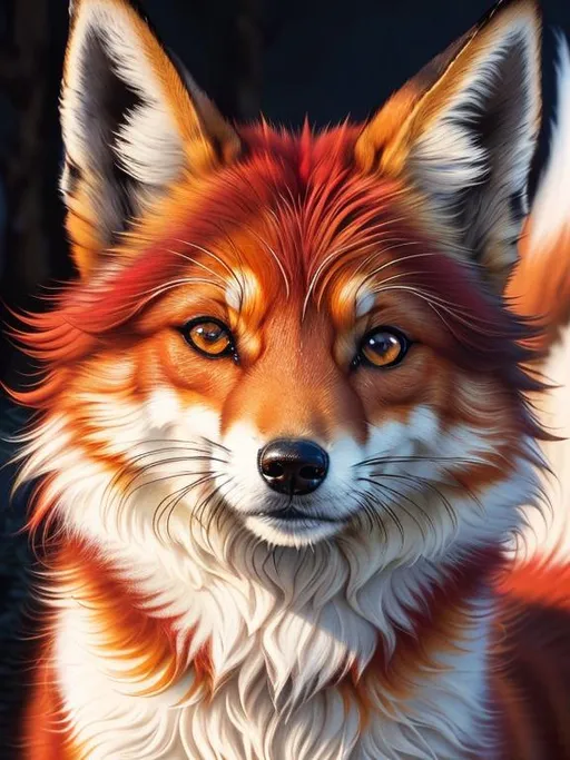 Prompt: (8k, masterpiece, oil painting, professional, UHD character, UHD background) Portrait of Vixey, Fox and Hound, close up, mid close up, brilliant glistening red fur, brilliant amber eyes, big sharp 8k eyes, sweetly peacefully smiling, detailed smiling face, (extremely beautiful), (open mouth, uv face, uwu face),  alert, curious, surprised, cute fangs, complementary colors, extremely detailed eyes and face, enchanted snowy garden, vibrant flowers, vivid colors, lively colors, vibrant, high saturation colors, flower wreath, detailed smiling face, highly detailed fur, highly detailed eyes, highly detailed defined face, highly detailed defined furry legs, highly detailed background, full body focus, UHD, HDR, highly detailed, golden ratio, perfect composition, symmetric, 64k, Kentaro Miura, Yuino Chiri, intricate detail, intricately detailed face, intricate facial detail, highly detailed fur, intricately detailed mouth