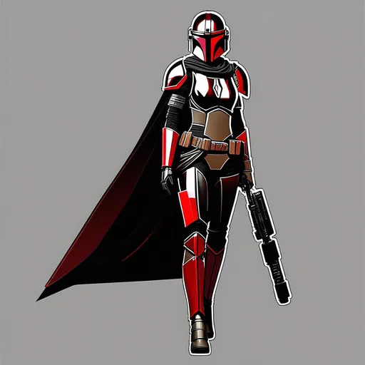 Prompt: black/red female mandalorian, skinny, rectangular figure, concept art, black armour, red detailing, angular, antenna, cape