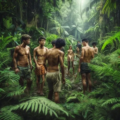 Prompt: A man lost in the jungle with his friends and survival for his life with nothing asian man and woman show there. Body clearly 