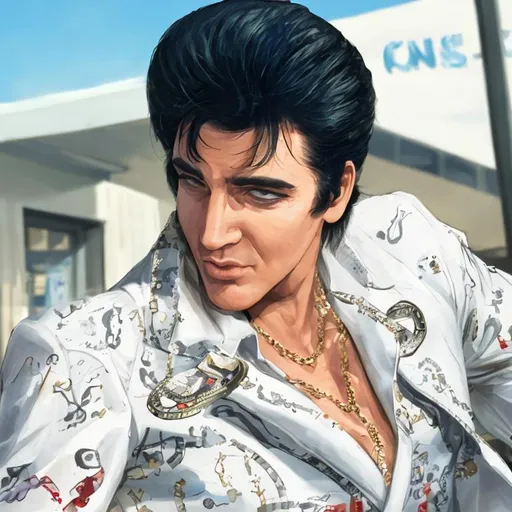 Prompt: Elvis impersonator at the bank