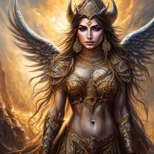 Prompt: High-resolution hyper realistic painting of {iranian cattle goddess} [Drvaspa] , uhd, hdr, 64k, epic scene, crown, upper body, sharp edges, horse armor. long hair. black, child protector, demons fire , wings, demons fire wings