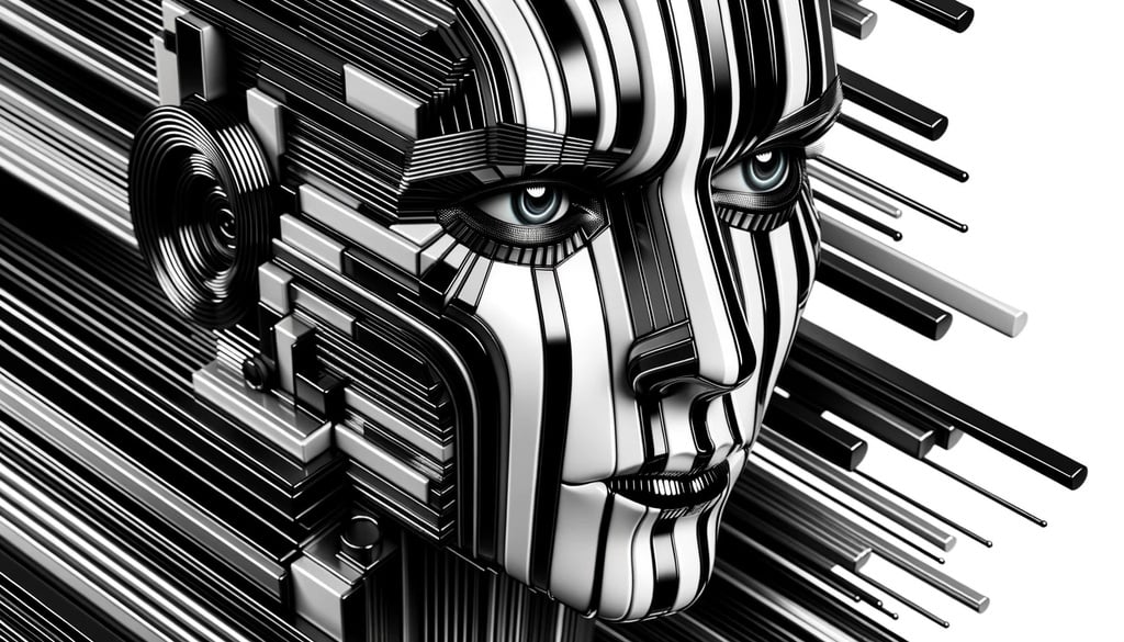 Prompt: striking face with bold black and white striping, in the style of cutting-edge futurism, video feedback-inspired visuals, glossy metallic textures, complex three-dimensional puzzle structures, reflective chrome highlights, innovative architectural cues, mechanical and robotic accents in a wide perspective